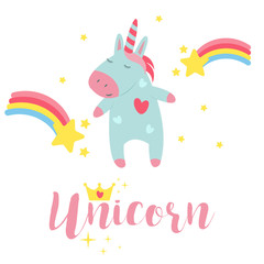 Cute unicorn baby vector illustration magic rainbow fantasy fairy design beautiful fairytale art.