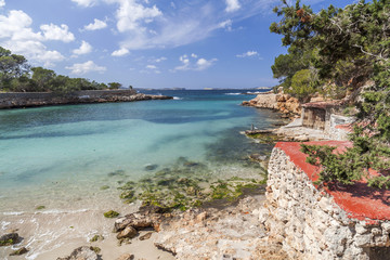Mediterranean beach, Cala Gracio, town of Sant Antoni, Ibiza island,Spain.