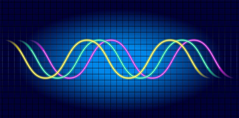 Neon wave graph. Oscilloscope with image of wave diagram.
