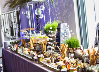 holiday buffet table served by different canape, sandwiches, snacks ready for eating in restaurant