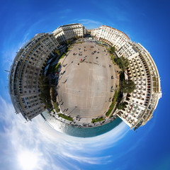 Little planet panorama of famous Aristotelous Square in Thessaloniki city, Greece.