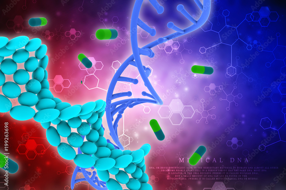 Poster 3d render of dna structure with capsule