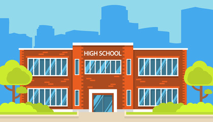 Building high school of the American or European  with trees and bushes. A city landscape with a house facade with windows and doors. In flat cartoon style a vector. Education of children. © dukesn