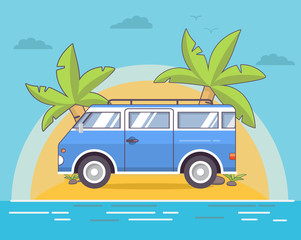 Summer sea landscape with the tropical island with palm trees and the sandy beach. A retro the vintage van for trips to a holiday and travel. In flat a linear art a vector.
