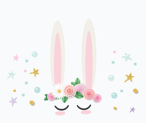 Bunny cute catroon character. For birthday, baby shower, clothes and posters design. Vector