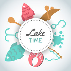 Fishing banner. Lake time text. Background with quote about fishing. Flat fish icons, with net or rod. Salmon steak and boat, fisher tackles, baits
