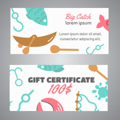 Fishing gift certificate. Big catch text. Banners with quotes about fishing. Flat fish icons, with net or rod. Salmon steak and boat, fisher tackles, baits