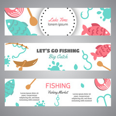 Fishing banner. Lake time text. Banners with quotes about fishing. Flat fish icons, with net or rod. Salmon steak and boat, fisher tackles, baits