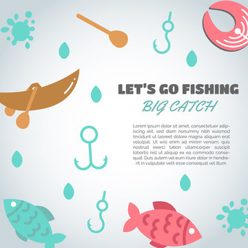 Fishing background. Big catch text. Background with quote about fishing. Flat fish icons, with net or rod. Salmon steak and boat, fisher tackles, baits