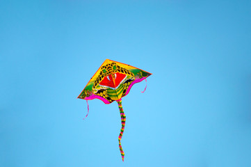 Vibrant color Kite with snake drawing flying in blue sky
