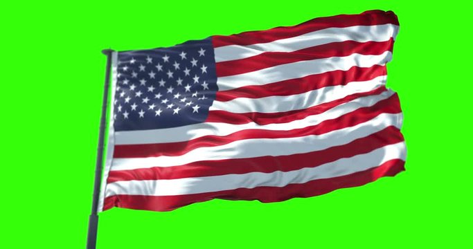 american USA flag with pole, stars and stripes, united states of america on chroma key green screen