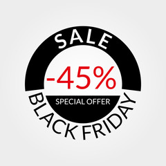 45% sale tag or discount icon. Save 45 percent of price. Black Friday design template.  Vector illustration.