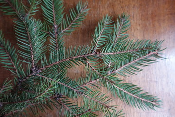 Naklejka na ściany i meble Spray of spruce on wooden table from above