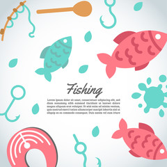 Fishing background. Fishing text. Background with quote about fishing. Flat fish icons, with net or rod. Salmon steak and boat, fisher tackles, baits