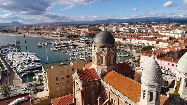France, Var, Aerial view of Saint Raphael, Harbor and Notre Dame de la Victoire church, HD (1920X1080)