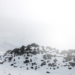 foggy mystery landscape of place near volcano