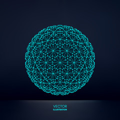 Sphere with connected lines. Global digital connections. Wireframe illustration. Abstract 3d grid design. Technology style.