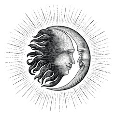Face in Sun and Moon hand drawing vintage engraving money line detail style for tattoo - obrazy, fototapety, plakaty