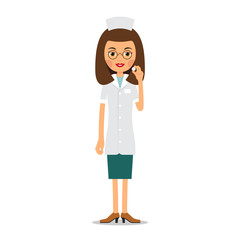 Nurse tablet in hand. Young female doctor holds medicine pill in her hand. Illustration isolated on white background in flat style