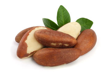 Brazil nuts with leaves isolated on white background closeup. Full depth of field