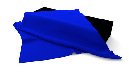 Black box half covered with blue cloth on white background, Isolated. 3D rendering