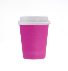 pink, paper coffee cup with a lid on a white background