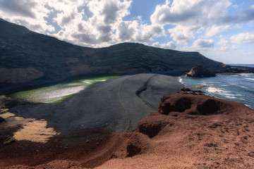 Green water lake in Lanzarote. Canary Islands. Wild landscape