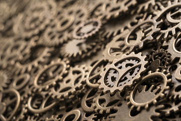 Brass cogwheels, steampunk background, texture with copy space