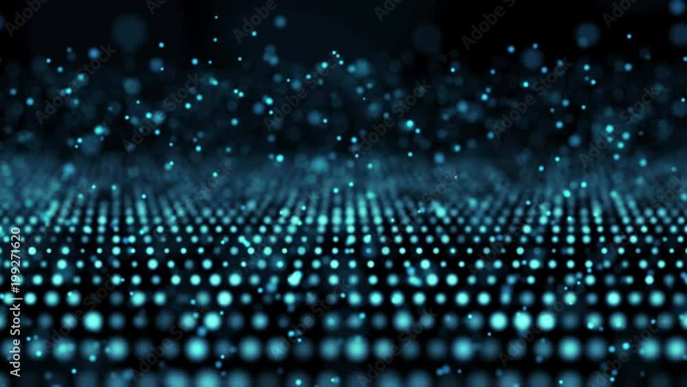 Poster background blue particle movement. pattern glow particles on black background. motion abstract point