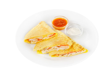 Quesadilla with chicken and tomatoes, two sauces from tomatoes and sour cream. isolated white. Side view.