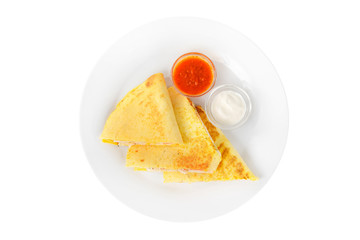 Quesadilla with chicken and tomatoes, two sauces from tomatoes and sour cream. isolated white. View from above