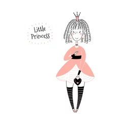 Sierkussen Hand drawn vector illustration of a cute little princess in a pink dress, with text. Isolated objects on white background. Line drawing. Unfilled outline. Design concept for children print. © Maria Skrigan