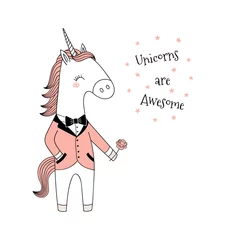 Sierkussen Hand drawn vector illustration of a cute funny unicorn in a pink dinner jacket, holding a flower, with text. Isolated objects on white background. Line drawing. Design concept for kids print. © Maria Skrigan