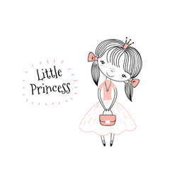 Hand drawn vector illustration of a cute little princess in a pink dress, with text. Isolated objects on white background. Line drawing. Unfilled outline. Design concept for children print.