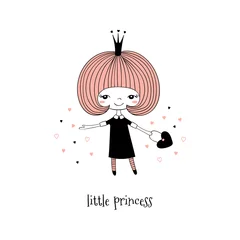 Sierkussen Hand drawn vector illustration of a cute little princess in a black dress, with text. Isolated objects on white background. Line drawing. Unfilled outline. Design concept for children print. © Maria Skrigan
