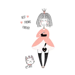 Sierkussen Hand drawn vector illustration of a cute little princess in a pink dress and a kitten, with text. Isolated objects on white background. Line drawing. Unfilled outline. Design concept for kids print. © Maria Skrigan