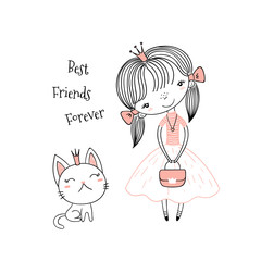 Hand drawn vector illustration of a cute little princess in a pink dress and a kitten, with text. Isolated objects on white background. Line drawing. Unfilled outline. Design concept for kids print.