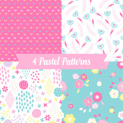 Fototapeta premium Seamless patterns with tulips, rhombus, circle, cross, flowers, drops