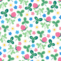 Seamless floral pattern with clower, chamomile, blue flowers