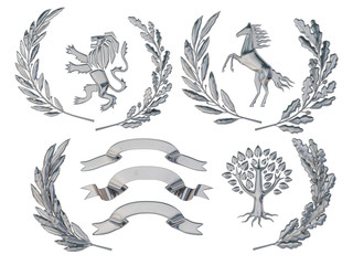 3D illustration, 3d rendering, of heraldry. A set of objects. Silver olive branches, oak branches, crowns, lion, horse, tree. Isolated. 3D modeling.