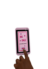 rosa Handy mit Werbeanzeige 50% Sale und einem Finger der auf einen Button drückt. 3d render