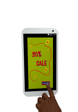 Handy mit Werbeanzeige 30% Sale und einem Finger der auf einen Button drückt. 3d render