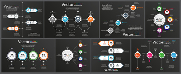Collection of infographic on black background can be used for workflow layout, diagram, number options, web design. Infographic business concept with options, parts, steps or processes. Vector Eps 10