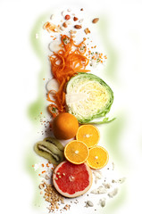 vegetables, fruits, nuts on a light background