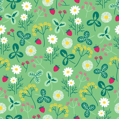 Seamless floral pattern with chamomile, clover and wild strawberry