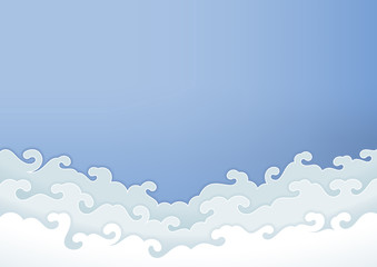 Vector background, blue sky and white fairy cloud, paper cut style, template with place for your text.