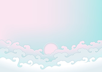 Vector background, sky and fairy childish clouds, pastel colors, horizontal format.