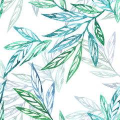 Floral seamless pattern with abstract leaves watercolor. Foliage illustration in hand painting style on white background