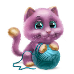 lilac kitten with a ball of thread, sitting, on a white background