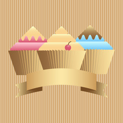 Cupcakes and muffins. Sweet dessert and ribbon banner